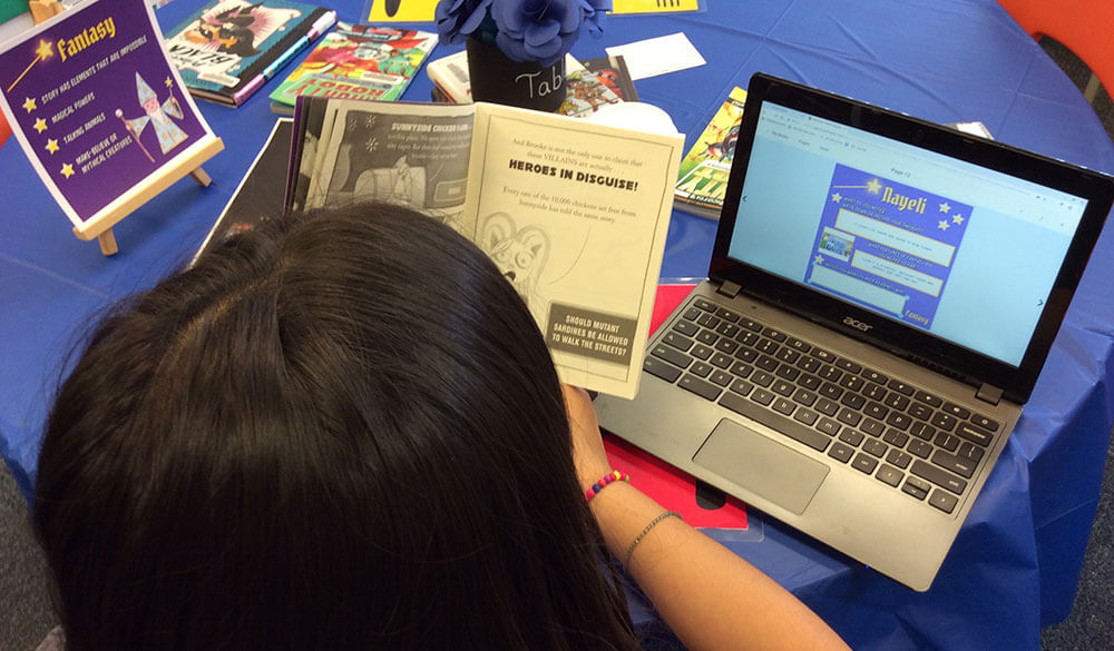 Student reading a book and responding in Book Creator for Chrome