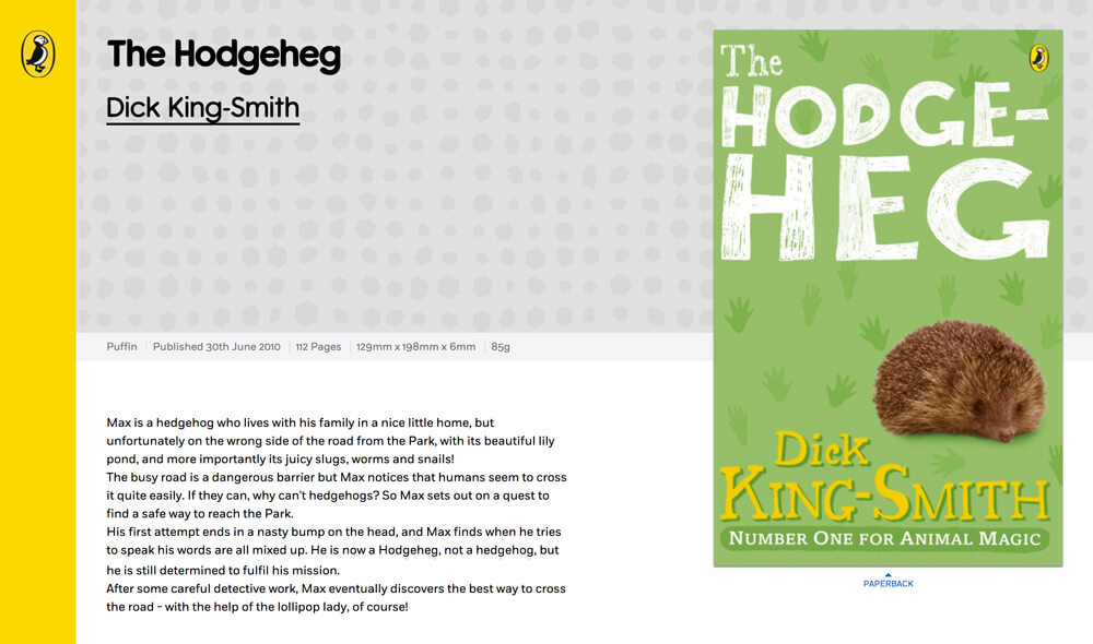 Screenshot from Penguin UK website showing 'The Hodgeheg' paperback by Dick King-Smith